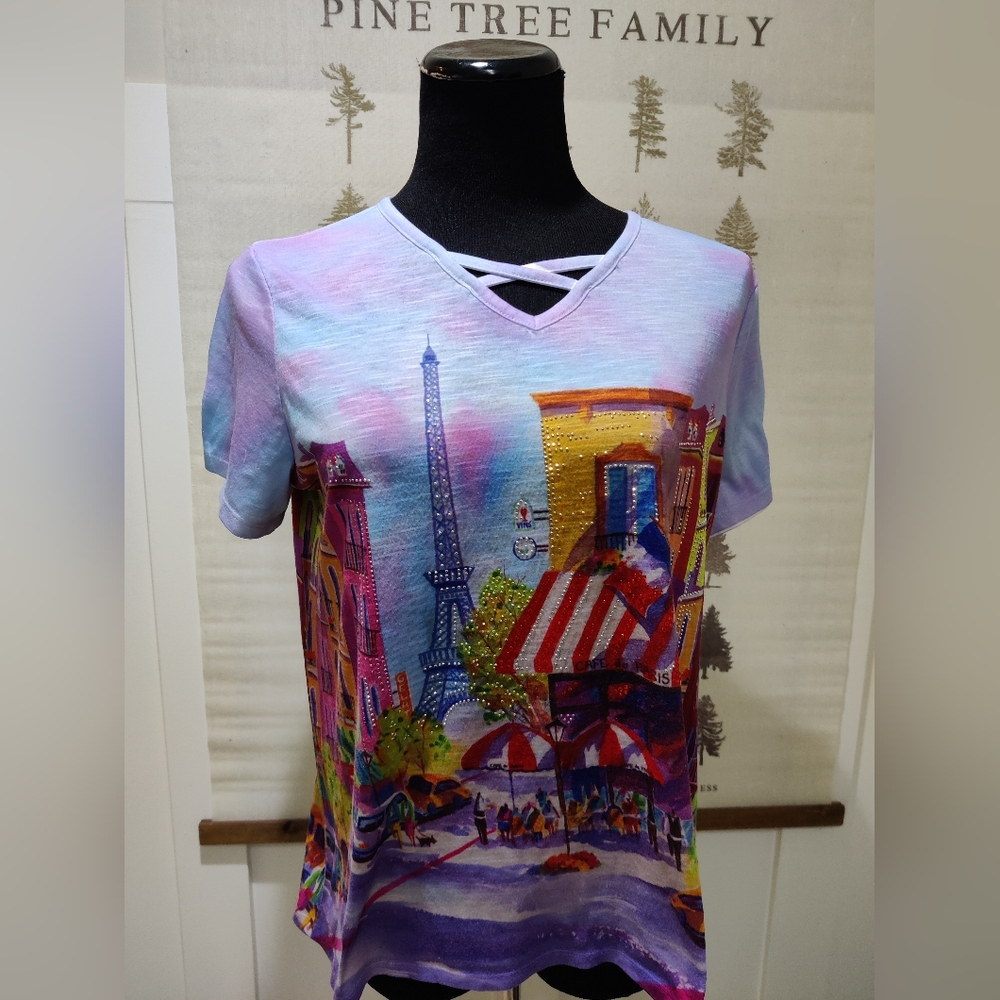 Ellen Negley Paris Café V-Neck Graphic Tee with Rhinestone Detail, Size S